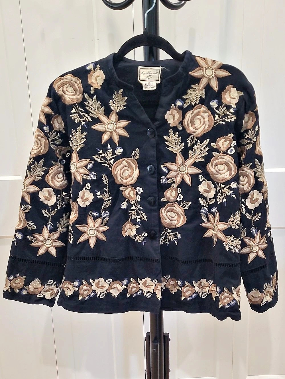 April Cornell Vintage Floral Embroidered Cotton Jacket in Black